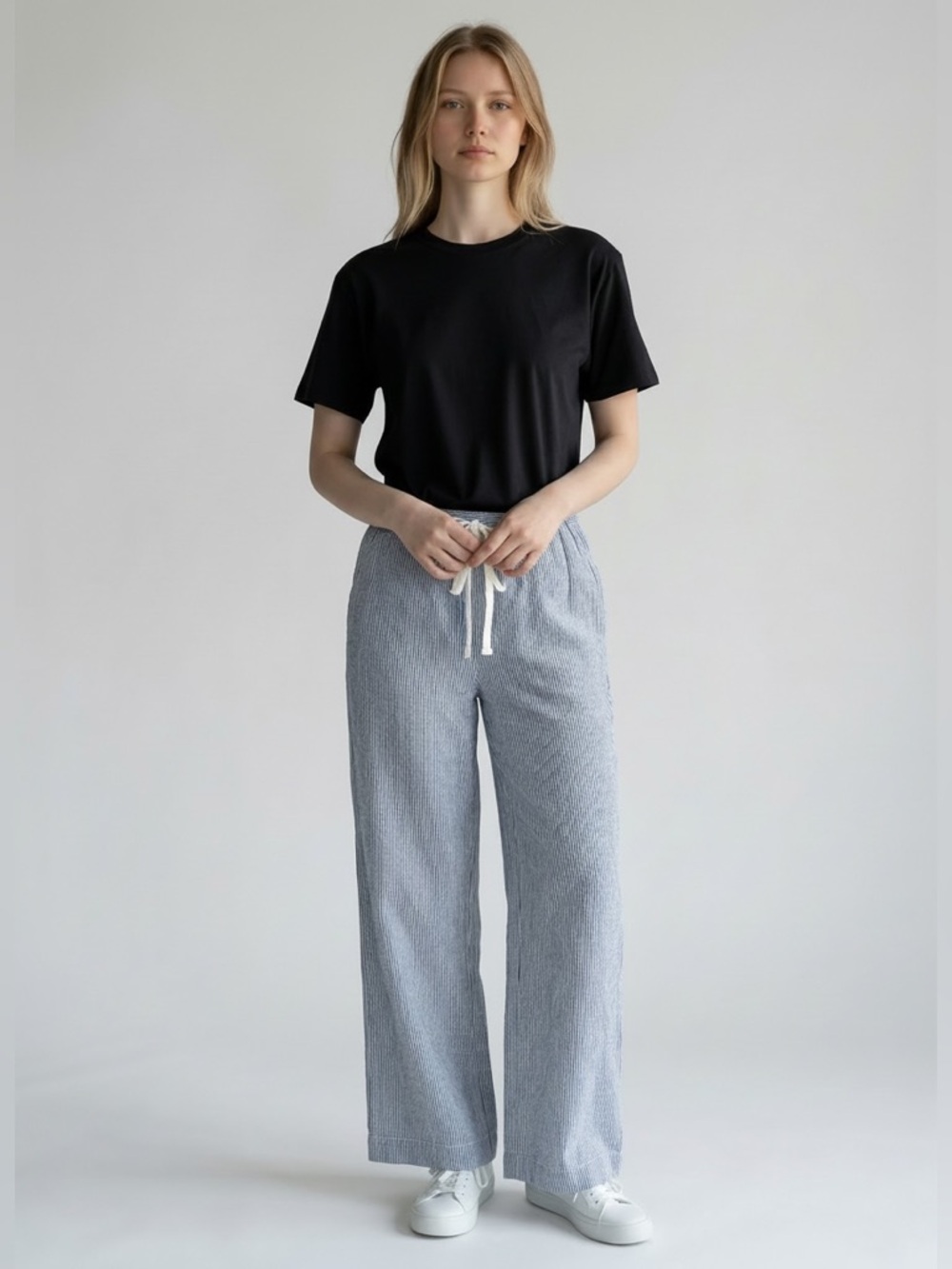 Max Studio Wide Leg Linen Pants XL Blue White Pull On Drawstring Waist Pockets